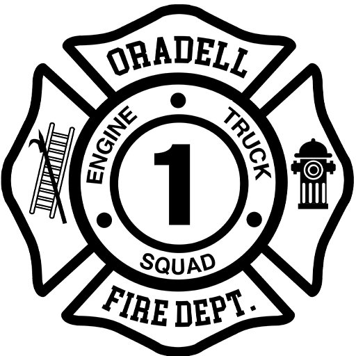 Black and white fire department emblem with "Oradell Fire Dept." text, featuring a ladder, fire hydrant, and the words "Engine," "Truck," and "Squad 1" surrounding a central number "1.