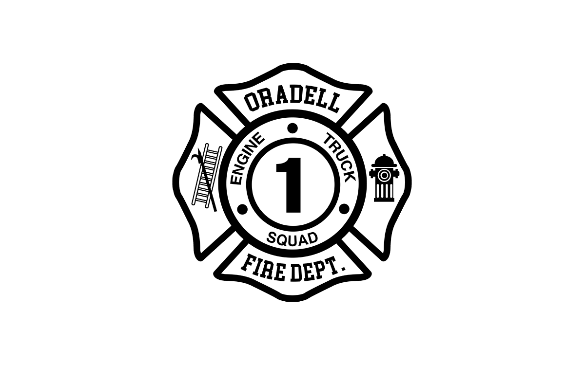 A black and white emblem for the Oradell Fire Department. It features a Maltese cross with the words "Engine," "Truck," "Squad," and "1" in the center. A ladder and fire hydrant are also depicted on the sides.